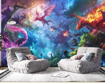 Epic Dragon Battle Wall Mural, Fantasy Dragon Wallpaper, Magical Creature Wall Decor, RPG Gaming Room Wallpaper, Dark Fantasy Wall Art