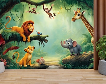 Jungle Animals Wall Mural, Safari Nursery Wallpaper, Cute Animal Kids Room Decor, Cartoon Jungle Wallpaper, Lion Giraffe Elephant Mural