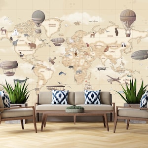 May include: A large wall mural featuring a vintage-style world map in beige tones, decorated with illustrations of hot air balloons, airplanes, ships, and various animals. The map includes grid lines and labels for countries like Canada, Russia, and China.