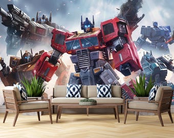 Transforming Robot Wall Mural, Futuristic Mecha Wallpaper, Giant Battle Robot Wall Art, Sci Fi Kids Room Decor, Cyber Robot Wallpaper,