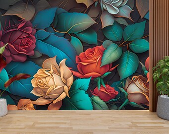 Dark Floral Wall Mural, Vintage Rose Wallpaper, Moody Flower Wall Decor, Elegant Botanical Wallpaper, Large Rose Wall Art,