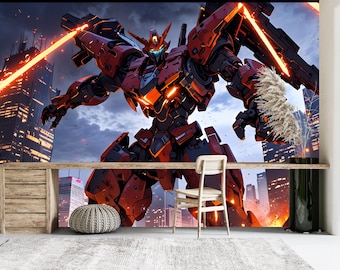 Futuristic Mecha Robot Wall Mural, Giant Battle Robot Wallpaper, Sci-Fi Anime Wall Decor, Cyberpunk Mech Wall Art, Gaming Room Wallpaper