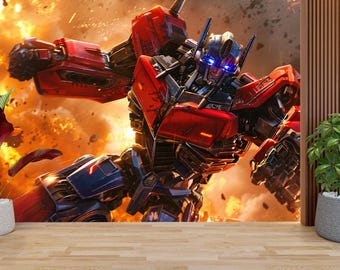 Red Robot Battle Wall Mural, Futuristic Mecha Wallpaper, Sci Fi Robot Wall Art, Gamer Room Decor, Action Robot Mural, Kids Bedroom Wallpaper