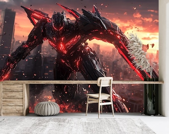 Cyber Mecha Robot Wall Mural, Futuristic Sci Fi Wallpaper, Dark Robot Wall Art, Gamer Room Decor, Neon Red Mecha Poster,