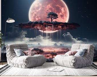 Floating Island Wall Mural, Fantasy Moon Landscape Wallpaper, Surreal Tree of Life Wall Decor, Sci Fi Nature Art, Dreamy Universe Mural
