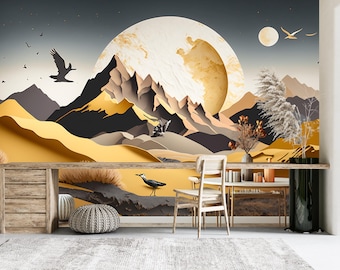 Abstrakter Wüstenberg Wandbild, Mondlandschaft Tapete, Moderne Boho Wanddekoration, Neutrale Wüsten Kunst, Skandinavische Natur Tapete