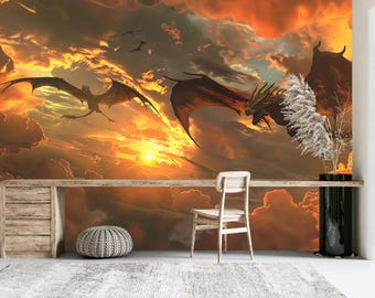 Dragon Sky Wall Mural, Fantasy Dragon Wallpaper, Epic Sunset Dragon Wall Decor, Medieval Fantasy Art, Dark Fantasy Peel and Stick Wallpaper