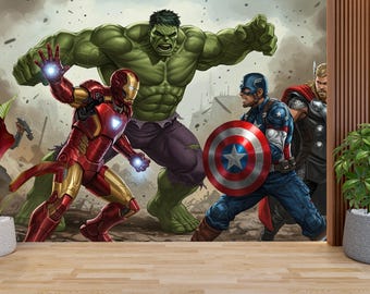Avengers Superhero Wall Mural, Hulk Iron Man Captain America Thor Wallpaper, Marvel Kids Room Decor, Comic Book Wall Art, UV Print Wallpaper