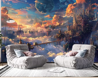Fantasy Sky Kingdom Wall Mural, Floating Castle Wallpaper, Magical Cloud City Wall Decor, Dreamscape Fantasy Landscape, Epic Kingdom Wall