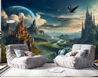Fantasy Castle Wall Mural, Magical Kingdom Wallpaper, Epic Fantasy Landscape, Medieval Castle Wall Decor,