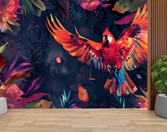 Tropische papegaai muurmuurschildering, exotische vogels behang, jungle muur decor, kleurrijke ara kunst aan de muur, donkere bloemen tropische luxe natuur behang