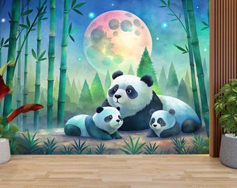 Cute Panda Family Wall Mural, Kids Room Panda Wallpaper, Bamboo Forest Nursery Decor, Cartoon Animal Wall Art, Moonlight Panda Wallpaper