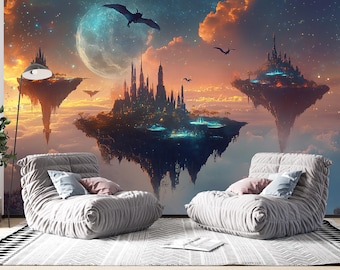 Fantasy Floating Islands Wallpaper, Magical Sky Kingdom Mural, Floating Castle Wall Decor, Dreamscape Landscape, Fantasy World Wallpaper,
