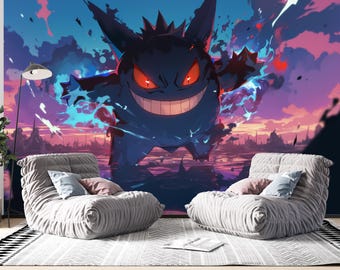 Ghost Monster Wall Mural, Anime Creature Wallpaper, Fantasy Gaming Wall Art, Dark Cartoon Monster Decor, Kids Gamer Room Wallpaper,