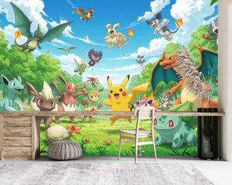 かわいいモンスター漫画の壁画、アニメの生き物の子供部屋の壁紙、ファンタジーゲームの壁飾り、カラフルな子供部屋の壁アート、