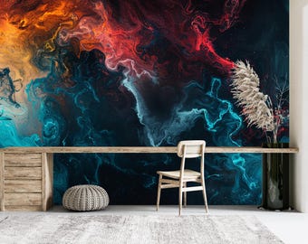 Abstrakte Fluid Art Wandbild, Bunte Acryl Tapete, Modernes Kosmisches Abstraktes Dekor, Luxus Statement Wandkunst,