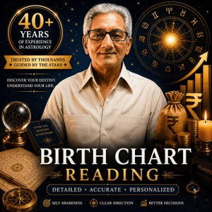 May include: An advertisement for birth chart readings features a man with glasses, surrounded by astrological symbols and financial charts. Text includes "40+ Years of Experience in Astrology" and "Birth Chart Reading". A crystal ball, a book, and a bag of money are also visible.
