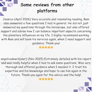 Customer review testimonial graphic featuring two positive astrology reading reviews for astrologer Raam. The square design has a light gray background with purple geometric accents and includes five-star ratings, client feedback about accurate horoscope readings, detailed reports, spiritual guidance, helpful advice, and trustworthy astrology services across different platforms.