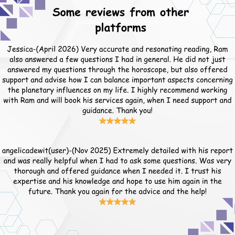 Customer review testimonial graphic featuring two positive astrology reading reviews for astrologer Raam. The square design has a light gray background with purple geometric accents and includes five-star ratings, client feedback about accurate horoscope readings, detailed reports, spiritual guidance, helpful advice, and trustworthy astrology services across different platforms.