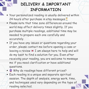 Informational Etsy graphic titled ‘Delivery & Important Information’ explaining astrology reading delivery timelines, customer support, and pricing details. The square design features a light gray background with purple geometric accents and black handwritten-style text. It mentions delivery within 24 hours, time zone differences, personalized spiritual sessions, customer support for questions, and that each reading varies in depth, energy work, and techniques used.