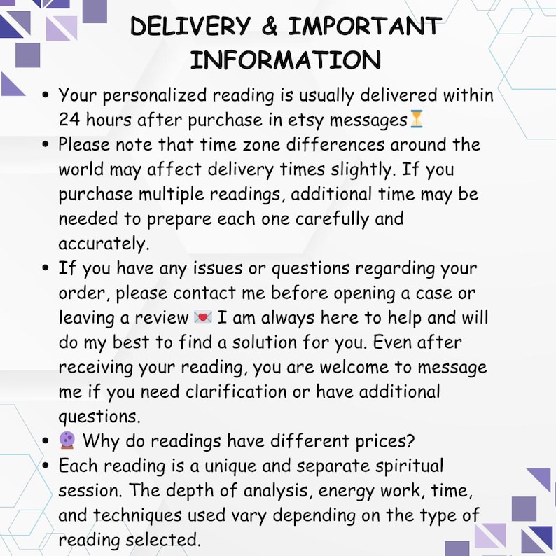 Informational Etsy graphic titled ‘Delivery & Important Information’ explaining astrology reading delivery timelines, customer support, and pricing details. The square design features a light gray background with purple geometric accents and black handwritten-style text. It mentions delivery within 24 hours, time zone differences, personalized spiritual sessions, customer support for questions, and that each reading varies in depth, energy work, and techniques used.