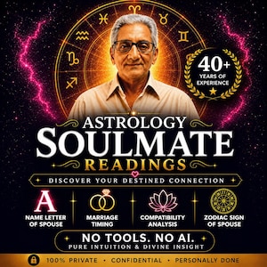Puede incluir: Un anuncio de lecturas de astrología de almas gemelas. La imagen presenta a un hombre con gafas frente a una rueda zodiacal dorada. El texto incluye "Lecturas de almas gemelas de astrología", "Descubre tu conexión destinada" y "40+ años de experiencia".