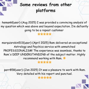 Square testimonial graphic featuring positive customer reviews for astrologer Raam and his astrology and psychic reading services. The design includes a light gray background with purple geometric accents, black handwritten-style text, and five-star ratings. Reviews praise accurate analysis, detailed reports, professionalism, deep astrological knowledge, punctual delivery, and excellent customer experience across multiple platforms.