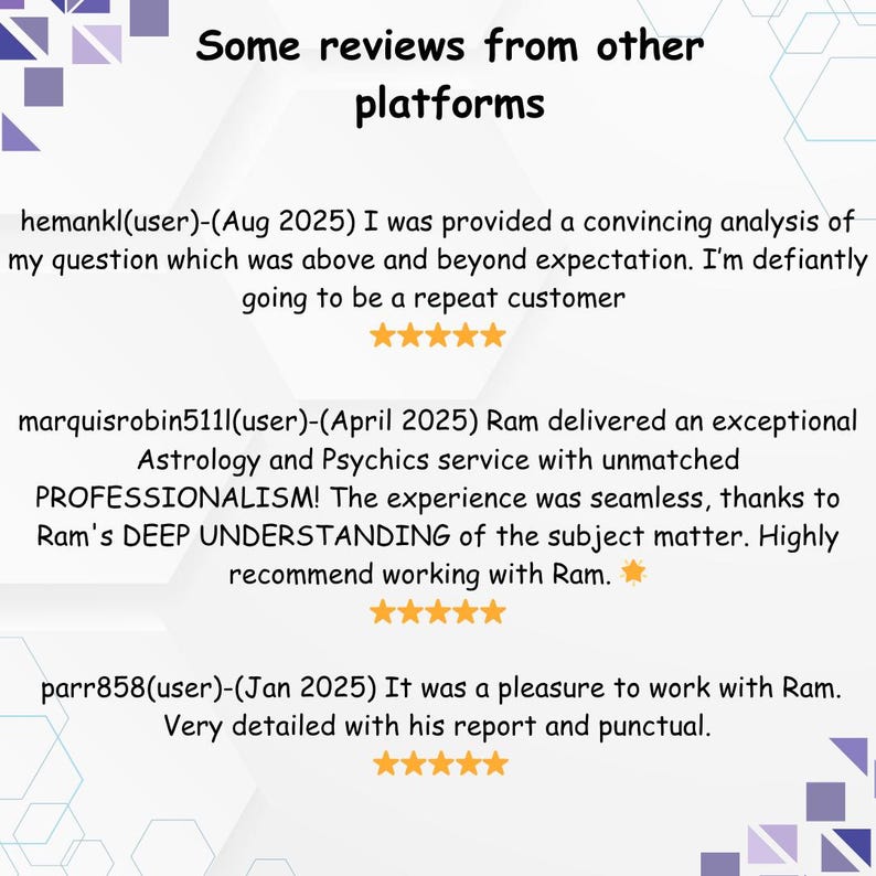 Square testimonial graphic featuring positive customer reviews for astrologer Raam and his astrology and psychic reading services. The design includes a light gray background with purple geometric accents, black handwritten-style text, and five-star ratings. Reviews praise accurate analysis, detailed reports, professionalism, deep astrological knowledge, punctual delivery, and excellent customer experience across multiple platforms.