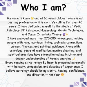 Informational Etsy graphic titled ‘Who I am?’ introducing astrologer Raam and his 40+ years of experience in Vedic Astrology, KP Astrology, Numerology, Gemini Techniques, and Cuspal Interlinks Theory. The design features a soft gray background with purple geometric accents and explains his experience analyzing over 270,000 horoscopes, spiritual practices, and personalized astrology readings focused on love, marriage, career, soulmate connections, and guidance.