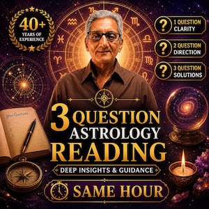 Könnte beinhalten: Eine digitale Grafik für eine 3-Fragen-Astrologie-Lesung mit einer Person mit Brille, einem Tierkreiszeichen-Hintergrund, einer Kristallkugel, einem Kompass, einem Notizbuch und Text, einschließlich 40+ Years of Experience und Same Hour.