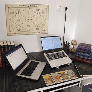 Modern astrology workspace featuring two laptops on a dark wooden desk, surrounded by tarot cards, Vedic astrology books, and spiritual decor. A large Vedic astrology birth chart poster is mounted on the wall above the desk. The setup includes tarot decks, astrology reference books, a zodiac notebook, and mystical study tools, creating a calm and professional astrology reading environment.