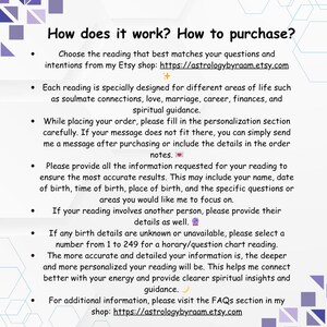 Informational square graphic titled ‘How does it work? How to purchase?’ explaining the process for ordering astrology readings from AstrologyByRaam on Etsy. The design features a light gray background with purple geometric accents and black text describing how to choose a reading, provide birth details, personalization instructions, horary number selection, and FAQ support, along with spiritual emojis and Etsy shop links
