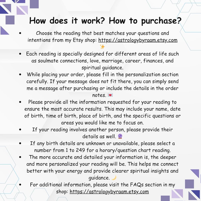 Informational square graphic titled ‘How does it work? How to purchase?’ explaining the process for ordering astrology readings from AstrologyByRaam on Etsy. The design features a light gray background with purple geometric accents and black text describing how to choose a reading, provide birth details, personalization instructions, horary number selection, and FAQ support, along with spiritual emojis and Etsy shop links