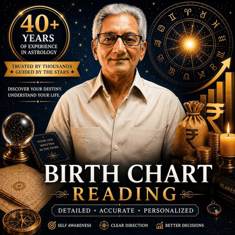 K&ouml;nnte beinhalten: Werbung f&uuml;r Geburtshoroskop-Lesungen mit einem Mann mit Brille, umgeben von astrologischen Symbolen und Finanzdiagrammen. Der Text enth&auml;lt "40+ Jahre Erfahrung in Astrologie" und "Geburtshoroskop-Lesung". Eine Kristallkugel, ein Buch und ein Geldsack sind ebenfalls zu sehen.