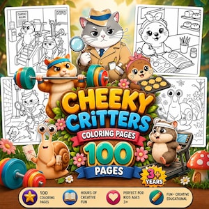 May include: A coloring book cover titled Cheeky Critters featuring 100 pages of illustrations. The cover displays colorful cartoon animals including a cat detective, a hamster lifting weights, and a snail, alongside black and white line art.