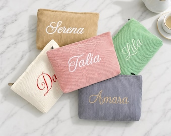 Personalized Bridesmaid Makeup Bag, Custom Name Corduroy Pouch, Handmade Gift for Bachelorette & Bridal Party