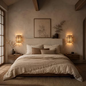 May include: A bedroom featuring a bed with beige linen bedding, two brown rectangular pillows, and two square pillows. Two wooden floating nightstands flank the bed, each topped with a cylindrical wall sconce emitting a warm, soft glow.