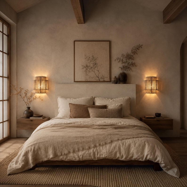 May include: A bedroom featuring a bed with beige linen bedding, two brown rectangular pillows, and two square pillows. Two wooden floating nightstands flank the bed, each topped with a cylindrical wall sconce emitting a warm, soft glow.