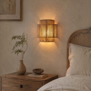 Natural Rope Wall Sconce, Wabi Sabi Wall Lamp, Japandi Boho Light Fixture, Rope Pendant Light, Minimalist Bedroom Lighting Decor image 2