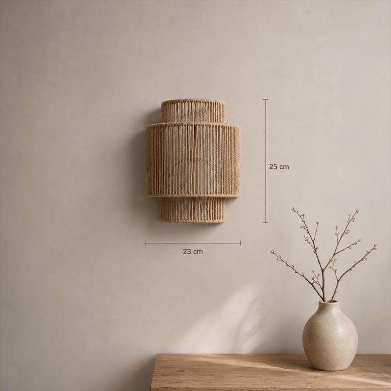 Natural Rope Wall Sconce, Wabi Sabi Wall Lamp, Japandi Boho Light Fixture, Rope Pendant Light, Minimalist Bedroom Lighting Decor image 5
