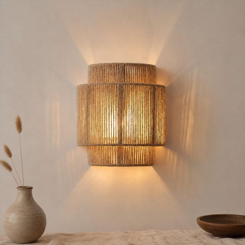 May include: A wall-mounted light fixture featuring a three-tiered cylindrical shade wrapped in natural tan jute rope. The lamp emits a warm, diffused glow from the top and bottom, casting soft light patterns against the wall surface behind it.