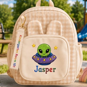 Personalized Alien Backpack, Custom Name School Bag, UFO Embroidered Kids Backpack, Kindergarten Preschool Backpack, Space Gift