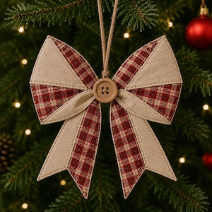 May include: A decorative bow ornament featuring a combination of solid beige fabric and a red, beige, and dark green plaid pattern. The center of the bow is accented with a round, light brown wooden button, and it hangs from a thin jute twine loop.