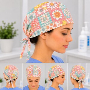 Groovy Floral Scrub Cap, Retro Daisy Nurse Cap, Hippie Flower Surgical Cap, Colorful Patchwork Medical Cap, Healthcare Worker Gift NRD-VSH14