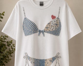Upcycled Patchwork Blue Bikini Shirt, Cottagecore Bikini Applique Tee, Coastal Summer Beach T-Shirt, Cute Swimsuit Illusion Top ERD-FK432