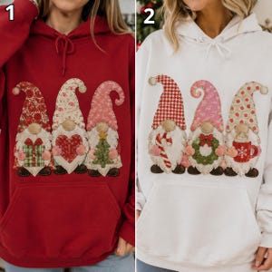 Handmade Real Patchwork Shirt, Christmas Gnome Hoodie, Fabric Applique Holiday Top, Cute Xmas Trio Sweatshirt, Festive Gift YNAS10-RD