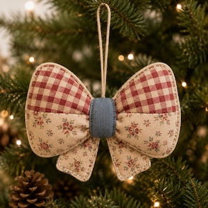 Handmade Quilted Christmas Bow Ornament - Real Fabric Patchwork Pieced Fabric Festive Holiday Tree Hanging Decor RLY431-RD
