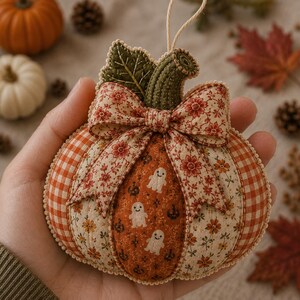 May include: A fabric pumpkin ornament featuring a quilted design with alternating panels of orange gingham, floral print, and a dark orange fabric with white ghost and black pumpkin motifs. A fabric bow and a green stem are attached at the top.