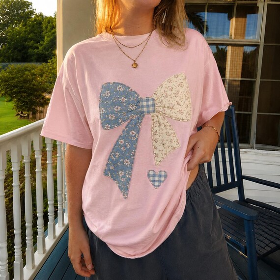 Patchwork Bow Shirt, Coquette Bow Applique Tee, Blue Floral Bow T-Shirt, Cottagecore Shirt, Girly Handmade Top RLY416-RD