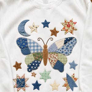 Patchwork Butterfly Sweatshirt, Handmade Applique Butterfly Shirt, Quilted Fabric Art Top Floral Star Moon Gift ERD-SK435